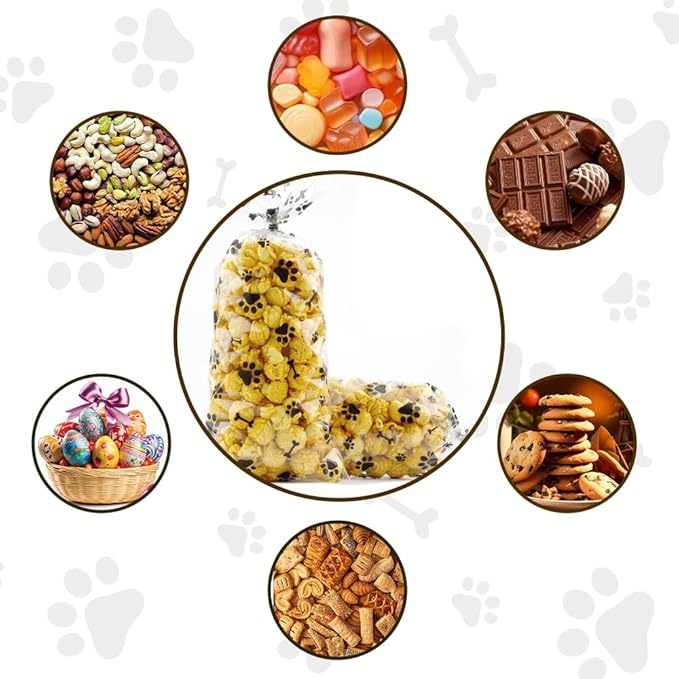 60 PCS Plastic Dog Paw Cellophane Treat bags with Ties Goodie Candy Cookie Goody Gift Bags Pouches Clear Baby Shower Pet Puppy Birthday Party Decorations Favors Supplies Wrapping Stuffers(5x11)