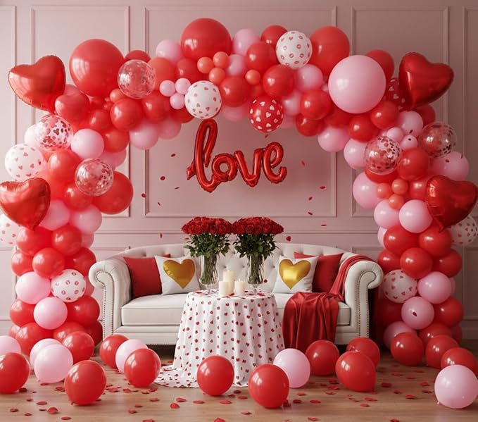 Valentines Day Balloons Garland Arch Kit - 173Pcs Different Size Red and Pink with Heart Print Lip Print Red Heart Balloon for Valentine's Day Galentine's Day Anniversary Party Decorations