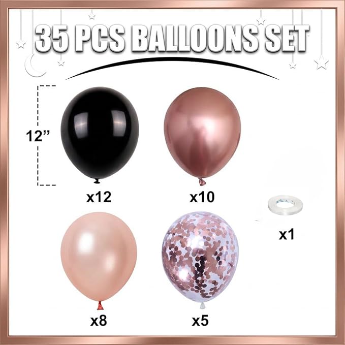 HILAVO Rose Gold and Black Balloons, 12Inch Metallic Rose Gold and Confetti Latex Balloons for Girls Women Birthday Graduation Baby Bridal Shower Party Decorations