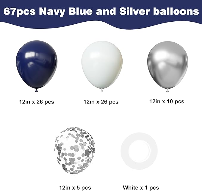 YMSZ Navy Blue and Silver Confetti Balloons, 67pcs 12 Inch Blue White and Silver Latex Balloons for Birthday Party Baby Shower Graduation Class of 2026 Prom Decorations