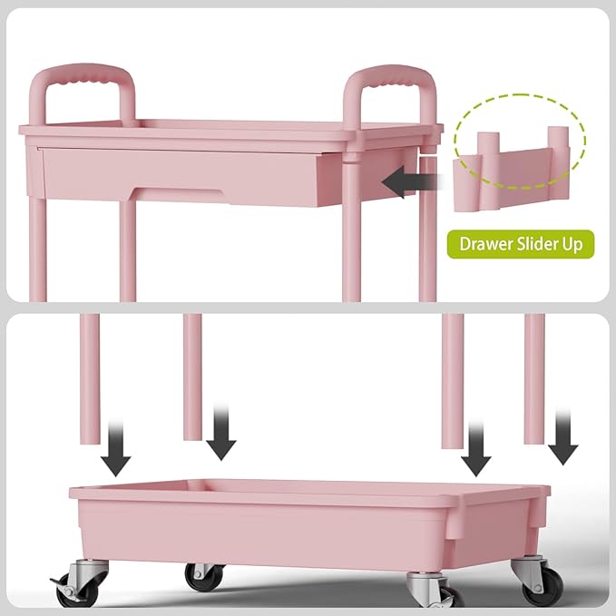 Sorgion 3 Tier Rolling Cart Organizer,Laundry Room Bathroom Organizers and Storage Office Shelves Mobile Shelving Unit Kitchen Trolley Cart with Wheels for Art,Craft,Diaper,Bedside,Snack(Pink)