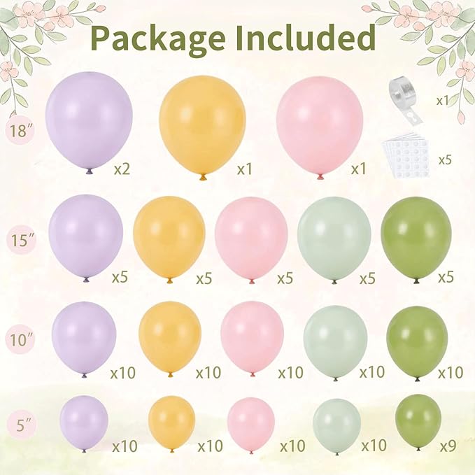 Dusty Green Pink and Purple Balloons Arch Kit, Pastel Balloon Arch Kit with Dusty Olive Green Light Pink Purple Mustard Yellow Balloons for Wildflower Graden Fairy Birthday Tea Party Decoration