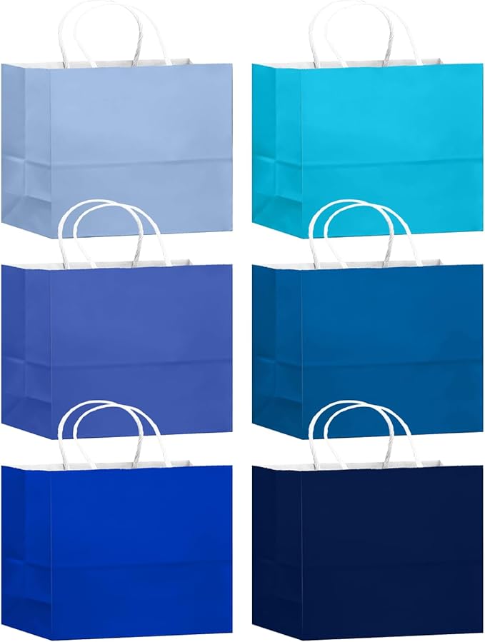 qiqee 24PCS Large Gift Bag with Handles Bulk 13"x4.5"x10" Gift Bags 6 Different Blue Color Bags Multiple Uses (32x11x25cm,Wide Large)