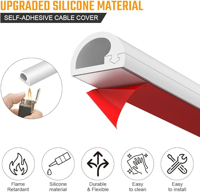 AUAUY 39" Cord Hider for Wall Mount TV, Self Adhesive Silicone Cord Covers, Flexible Hiding Wires on Wall, Cable Cover Raceway Kit for Wires, Home Office, Walls & Floors, White(0.55" W x 0.43" H)