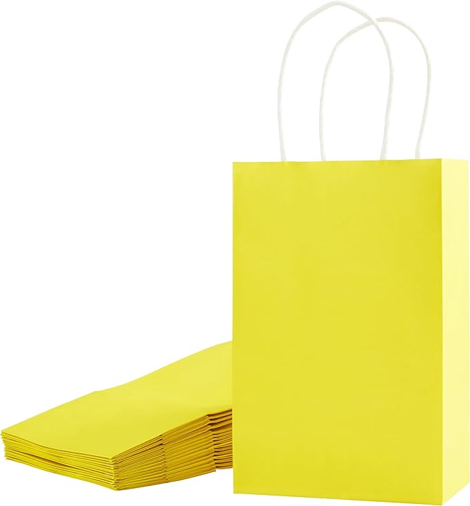 SUNCOLOR 12-Pack Yellow Gift Bags with Handles, 8 Inch Recyclable Paper Goodie Bags for Party Favors, Easter, Birthdays, Baby Showers