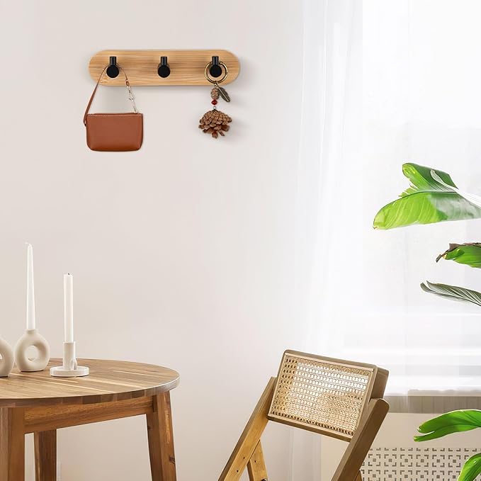 Nekon Bamboo Key Holder for Wall, Wall Mount Key Organizer with 3 Hooks, Decorative Coat Rack for Entryway, Kitchen, Bedroom, Bathroom (Black Hooks)