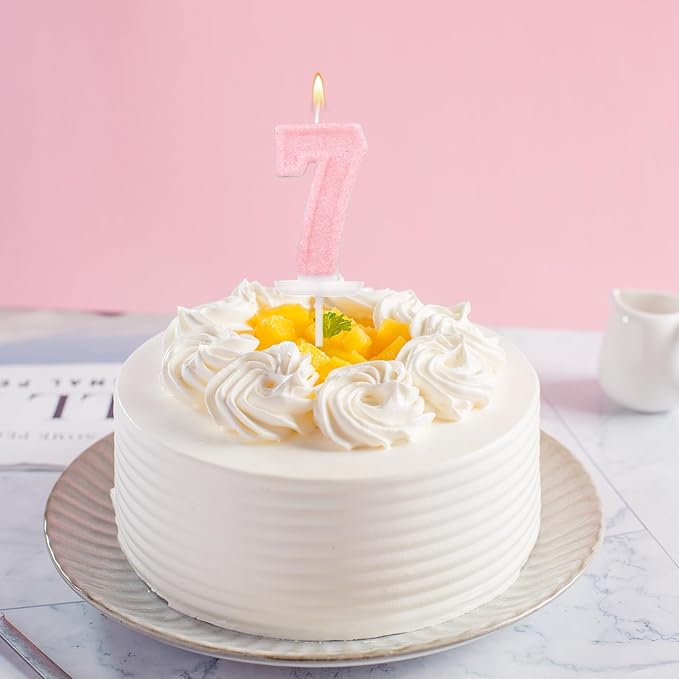 Pink Number Birthday Candles, Romantic Cake Glitter Pink Number Candles Anniversary Cake Topper Decoration Cute Birthday Party Supplies for Wedding Anniversary Celebration Supplies (7)
