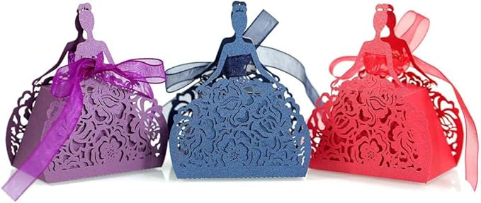 Steedna 50 Pack Bride Pattern Chocolate Gift Box Sector Pearl Paper Hollow Out Small Gift Box Wedding Dress Laser Cut with Ribbons Candy Boxes Party Favors Chocolate Box (Red)