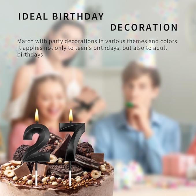 27th Birthday Candles 27 Candles for 27th Birthday Decorations for Boys Happy 27 Birthday Cake Topper Black Birthday Candles Black Number Candles