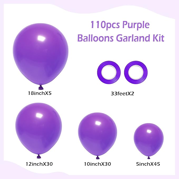 FOTIOMRG 110pcs Purple Balloon Garland Arch Kit, 18 12 10 5 inch Purple Latex Balloons Different Sizes Pack for Birthday Graduation Baby Shower Halloween Wedding Party Decorations