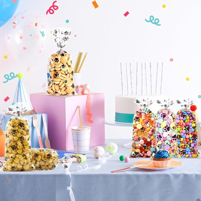 60 PCS Plastic Dog Paw Cellophane Treat bags with Ties Goodie Candy Cookie Goody Gift Bags Pouches Clear Baby Shower Pet Puppy Birthday Party Decorations Favors Supplies Wrapping Stuffers(5x11)