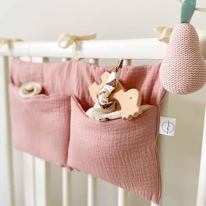 Cotton Baby Bedside Hanging Storage Bag,2 Pockets Organizer for Baby Cribs and Toys (Pink)