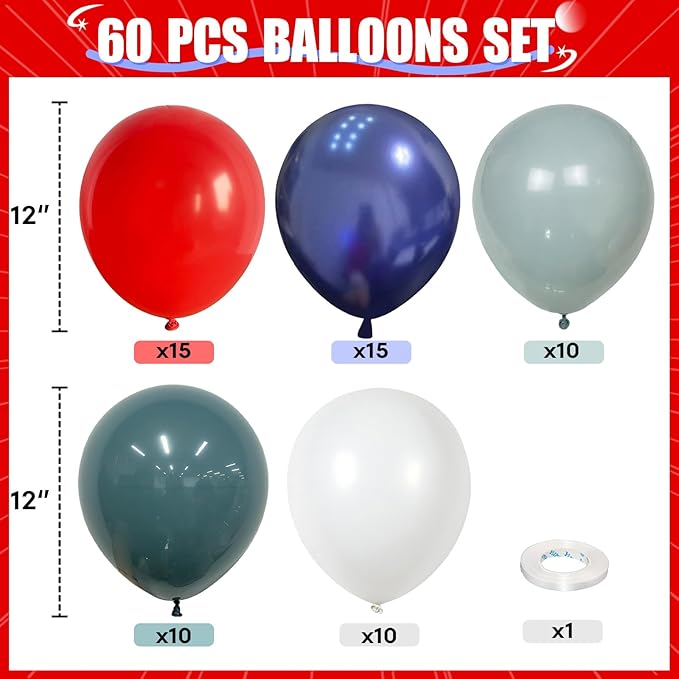 HILAVO Red Blue White Balloons, 60 PCS 12 inch Navy Light Blue Red and White Balloons for Baseball Birthday Party Britain Sporting Patriotic Labor Memorial Day 4th of July Independence Day Decorations