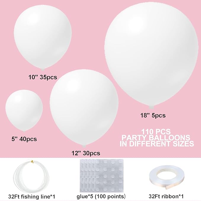 White Balloon Garland Arch Kit - 110 Pcs Matte Latex Balloons in 5/10/12/18 Inch Sizes for Baby Showers, Birthdays, Weddings, Christmas & Parties