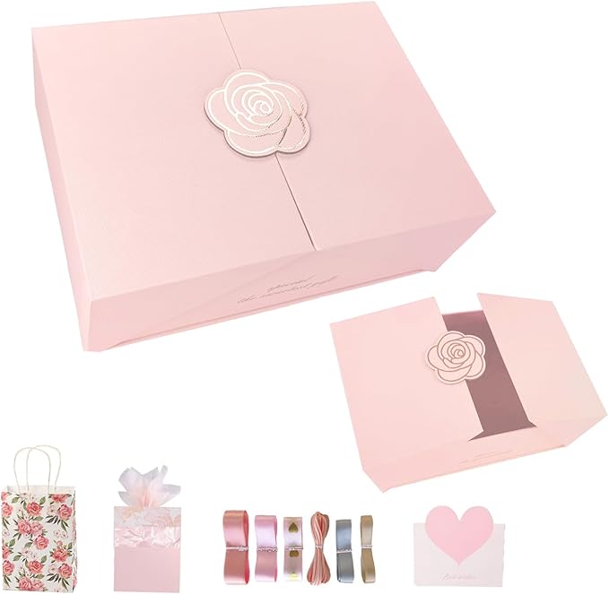 Elegant Small Pink Gift Box for Women with Lid & Accessories - Reusable Magnetic Closure Gift Presentation Set, Romantic and Beautiful Ready-to-Gift Box