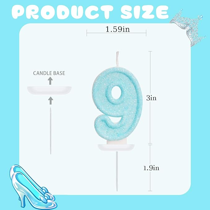 Blue Birthday Candles - Number 9 Candle for 9th Birthday Decorations for Girls Boys, Sky Blue Cake Decorations Sweet Theme Party Supplies