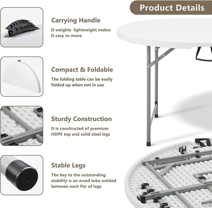 OS MOTOR 5ft Round Folding Table with Carry Handle, Portable Heavy Duty Plastic Utility Table with Steel Legs for Party, Wedding, Camping, Indoor, Outdoor Event, 60 Inch, White