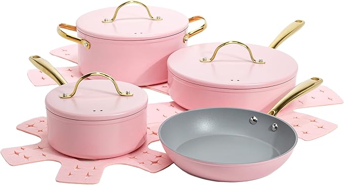 Paris Hilton Iconic Nonstick Pots and Pans Set, Multi-layer Nonstick Coating, Matching Lids With Gold Handles, Made without PFOA, Dishwasher Safe Cookware Set, 10-Piece, Pink