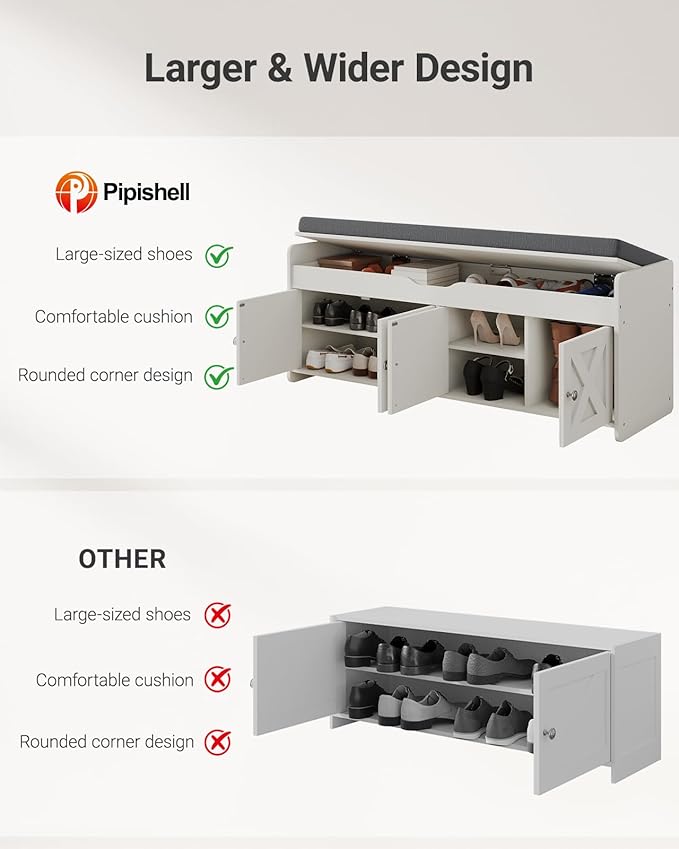 Pipishell Shoe Storage Bench, 2-Tier with Cushioned Seat, Entryway Bench with Adjustable Shelf & Barn Doors, 300 lbs Capacity, 47.2" x 15" x 18", for Entryway, Bedroom, Living Room, White