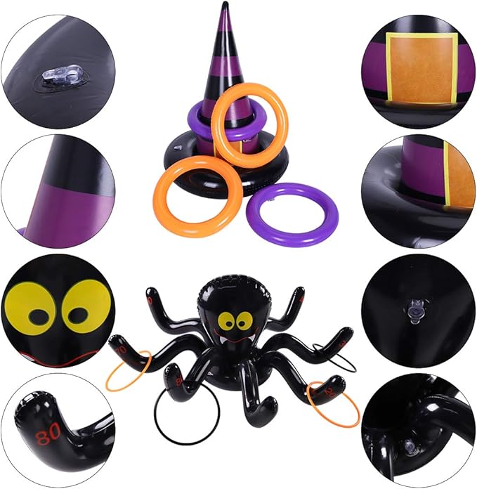 Max Fun Halloween Ring Toss Games Inflatable Spiders Ring Toss Witch’s Hat Toss Game for Kids Halloween Party Favors Supplies Indoors Outdoors Party Games