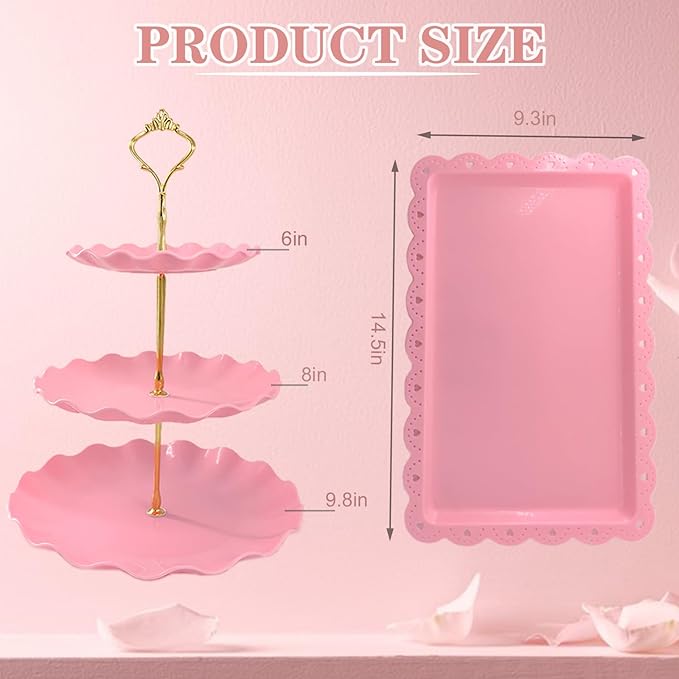 5 Pcs Dessert Table Display Set, Pink Plastic 2 Pcs Round 3 Tier Cupcake Stand Cup Cake Tower Stand with Metal Rod & 3 Pcs Serving Tray for Baby Shower, Tea Party, Wedding, Birthday Party