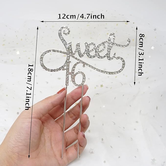 Honbay Sweet 16 Cake Topper Premium Sparkly Crystal Rhinestones Cake Topper Cake Decoration for 16th Birthday Party (Silver)