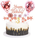 Daimay Pink Birthday Cake Topper Supplies Acrylic Glitter 3rd Happy Birthday Cake Deco with Confetti Balloon Paper Fans Stars Firework Cupcake Toppers for Baby Shower Birthday Party - Rose Gold 3