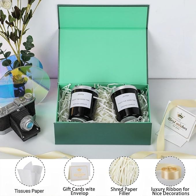 UoeRing 6 Pack Green Gift Box 9.5x6x3 inch Small Luxury Gift Box for Presents with Magnetic Lid Collapsible,Birthday,Christmas,Contains Card, Ribbon, Tissue Paper,Shredded Paper Fille