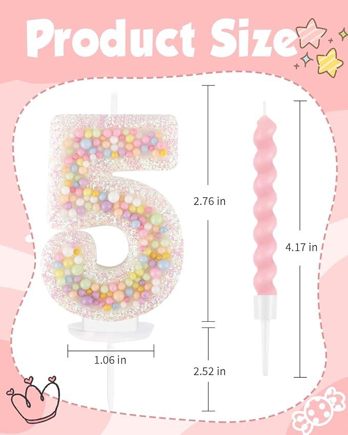 Birthday Candles for Cake, Pink Number Candles, Cake Candles with Greeting Card for Birthday Party Wedding Anniversary Celebrations（5 Candle,White Number Macaron）