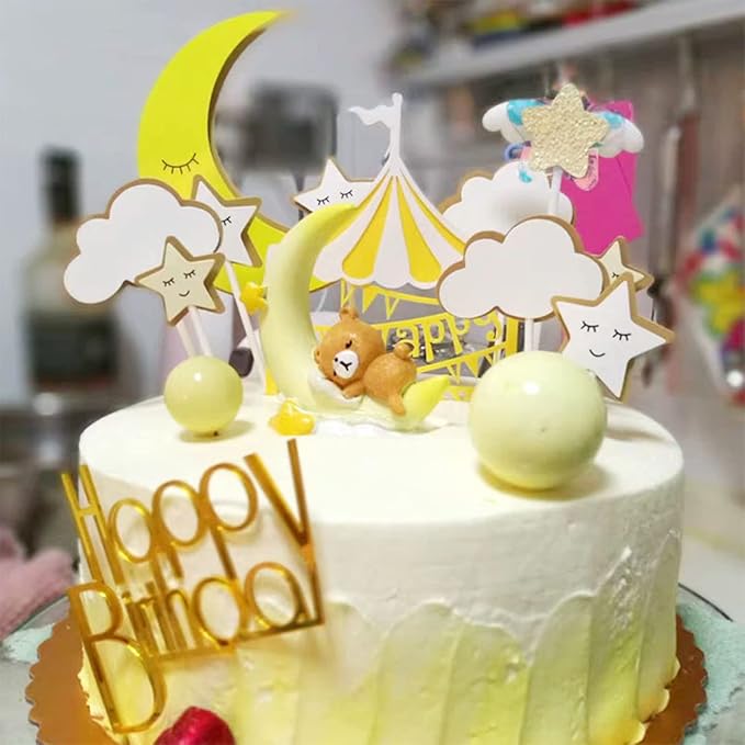 LUOZZY 2 Pcs Bear Moon Cake Topper Baby Shower Cake Cupcake Toppers for Kids Birthday Baby Shower Party Decorations