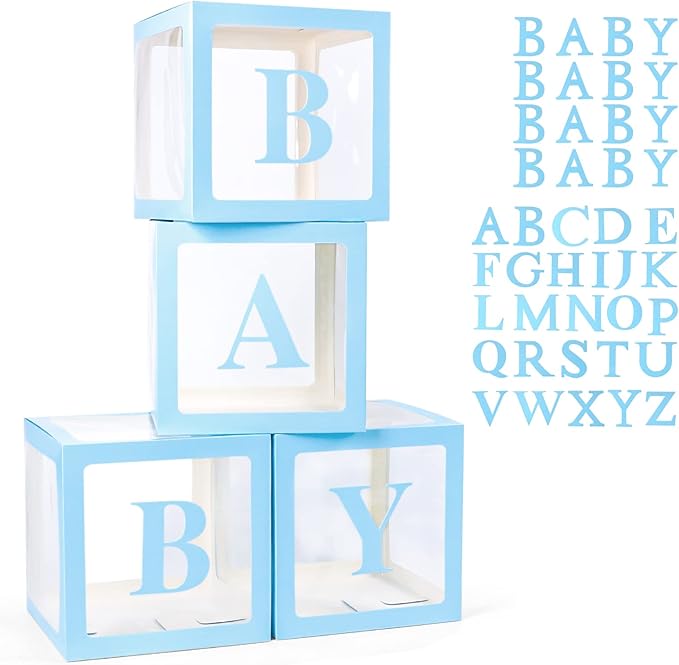 Voircoloria Baby Boxes with 42pcs Letters for Baby Shower Transparent Balloon Boxes Clear Balloon Box Blocks for Boy Girl Gender Reveal Party and Birthday Party (Blue)
