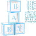 Voircoloria Baby Boxes with 42pcs Letters for Baby Shower Transparent Balloon Boxes Clear Balloon Box Blocks for Boy Girl Gender Reveal Party and Birthday Party (Blue)