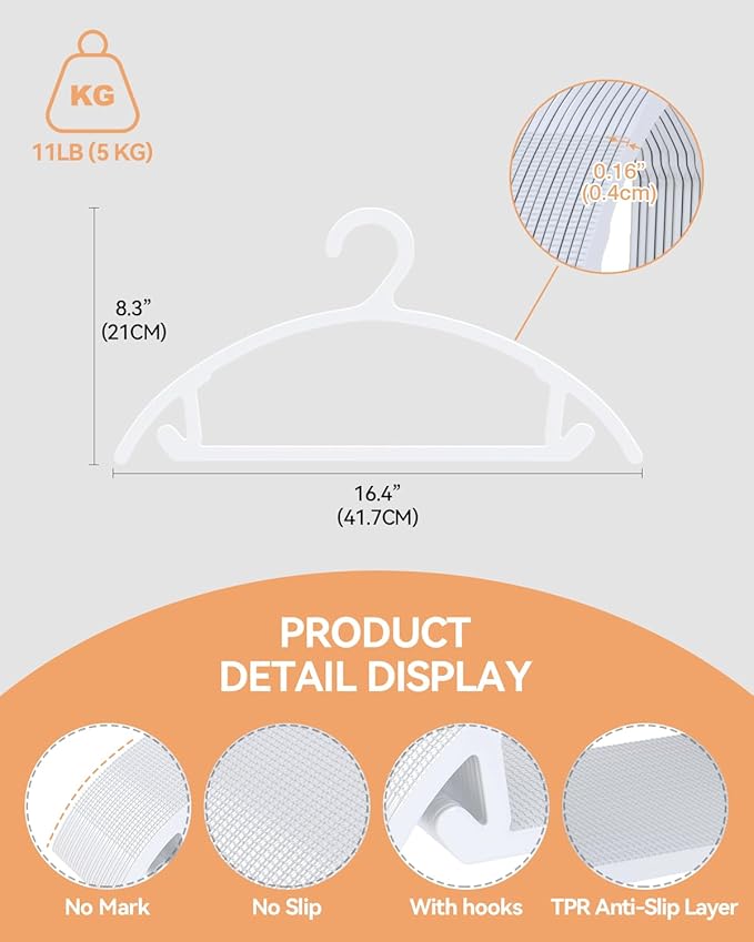 ABHENG 100 Pack Clothes Hangers, Non Slip Heavy Duty Plastic Hangers, Space Saving All-in-One Garment Hangers for Dresses Suits Jeans Knits, Hold Up to 11 LB Dry & Wet, 16.4" x 8.3",White,UAPY08100W