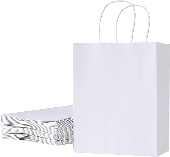 SUNCOLOR White Kraft Paper Gift Bags with Handles, 25 Pack, Medium 8x4.5x10 Inches, Sturdy Recyclable Shopping Bags for Party Favors, Retail, Weddings, and DIY Branding