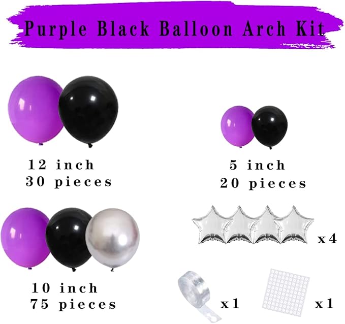 Purple Black Silver Balloon Garland Arch Kit - 121PCS Purple Black Balloons Metallic Silver Balloon for Purple Wedding Birthday Engagement Graduation Party Decorations