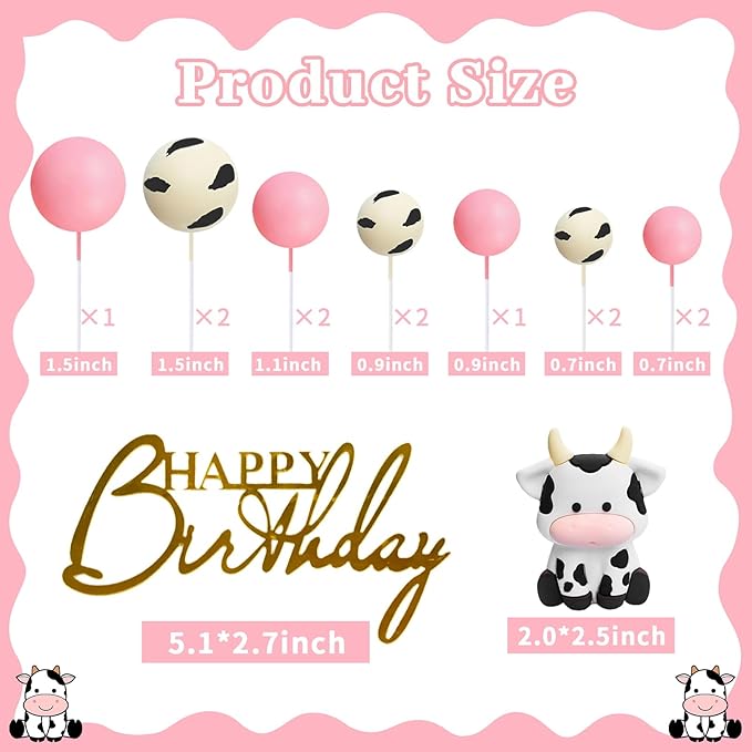 MEMOVAN Cow Cake Topper Farm Cake Topper Decorations with Cows Miniature Figurines Pearl Ball for Girl Cow Farm Theme Baby Shower Birthday Party Supplies-14pcs