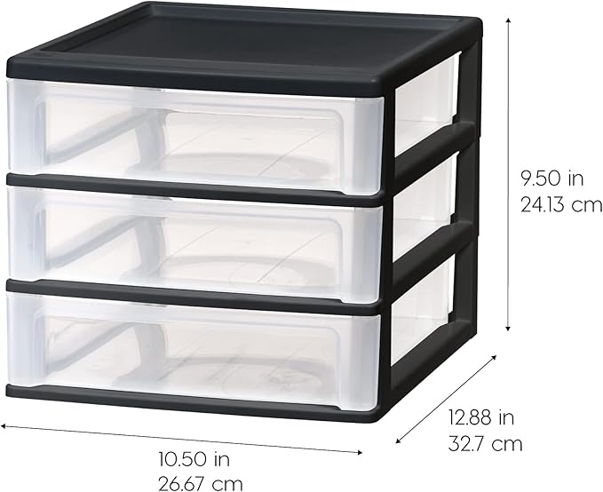 IRIS USA Plastic Stacking Desk Top 3-Drawer Storage Organizer, 1-Pack, for Makeup Vanity Nail Polish Bathroom Stationery Art Craft Supplies Kitchen Office Garage and Small Organization, Medium, Black