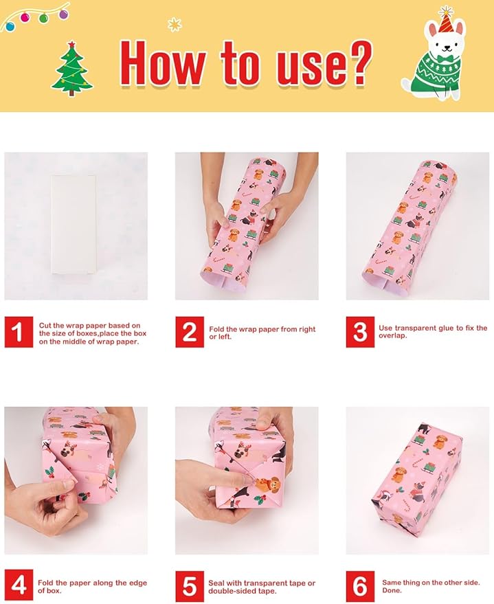 WERNNSAI Dog Christmas Wrapping Paper Rolls - 3 Rolls 17” x 120” Puppy Kids Christmas Wrapping Paper Medium Roll Set Funny Christmas Wrapping Paper Xmas Rolls Party Gift Decoration, for Girls/Boys