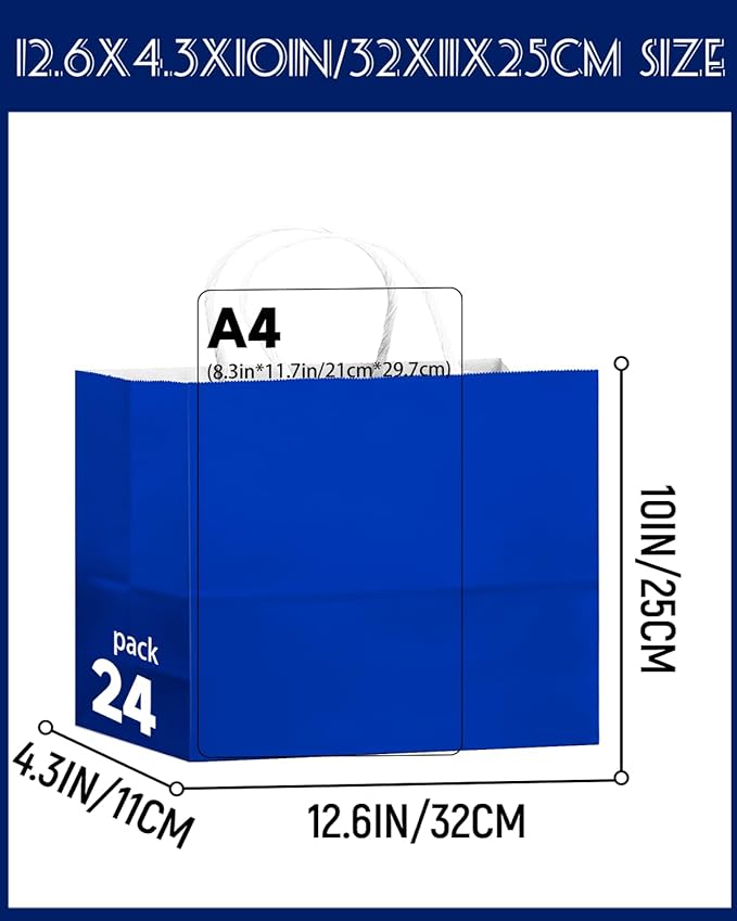 qiqee 24PCS Large Gift Bag with Handles Bulk 13"x4.5"x10" Gift Bags 6 Different Blue Color Bags Multiple Uses (32x11x25cm,Wide Large)