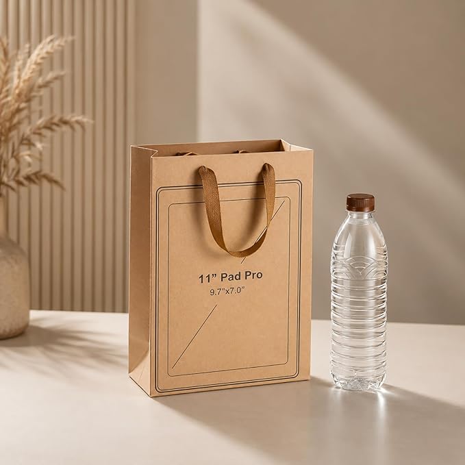 SHIPKEY 10pcs Kraft Paper Bags 8x4x11 Inches, Brown With Tissue Paper, Shopping, Retail, Gift With Soft Cloth Handles