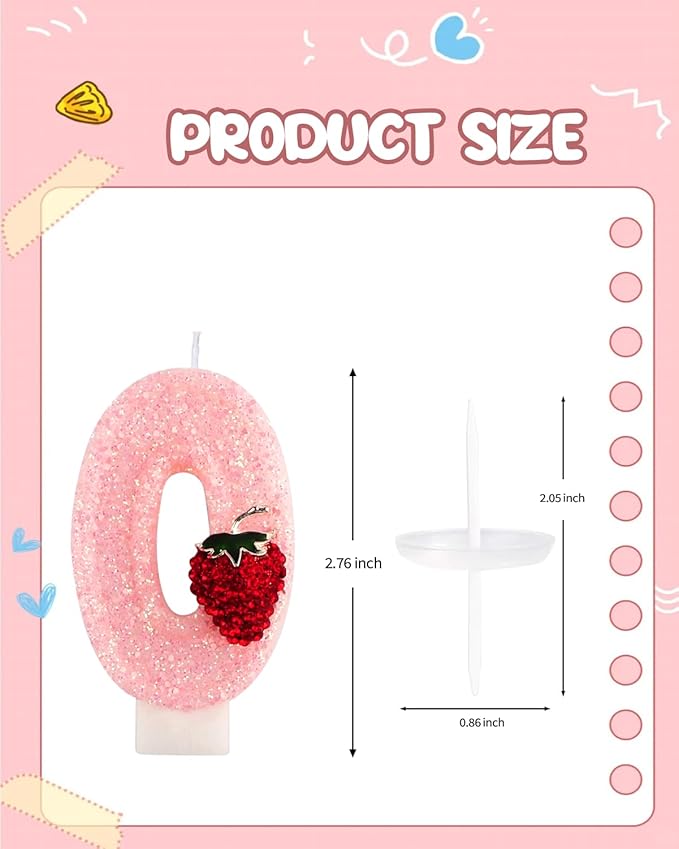 Birthday Candles for Cake, Pink Number Candles, Cake Candles with Greeting Card for Birthday Party Wedding Anniversary Celebrations (Strawberry 0 Candle)