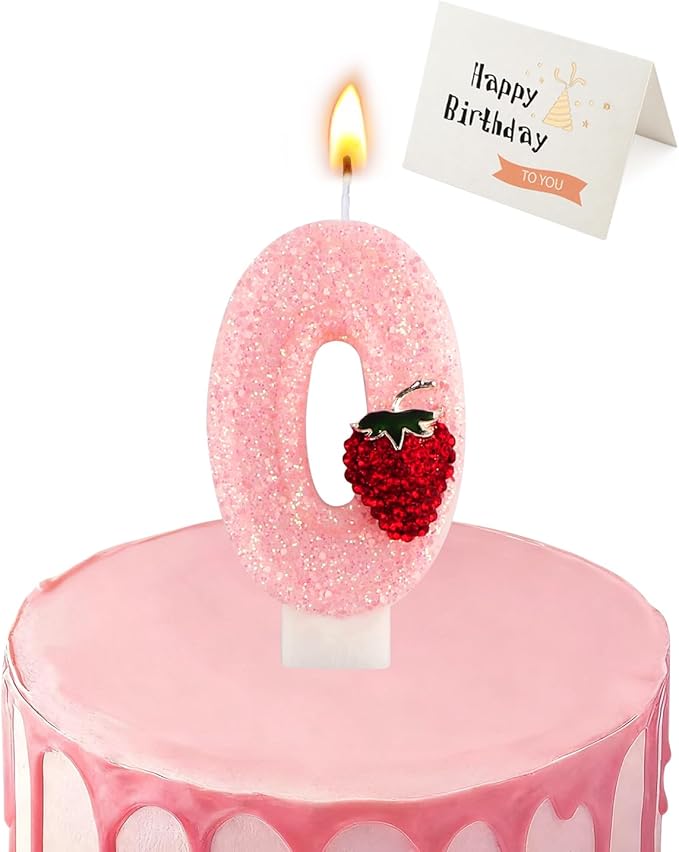 Birthday Candles for Cake, Pink Number Candles, Cake Candles with Greeting Card for Birthday Party Wedding Anniversary Celebrations (Strawberry 0 Candle)