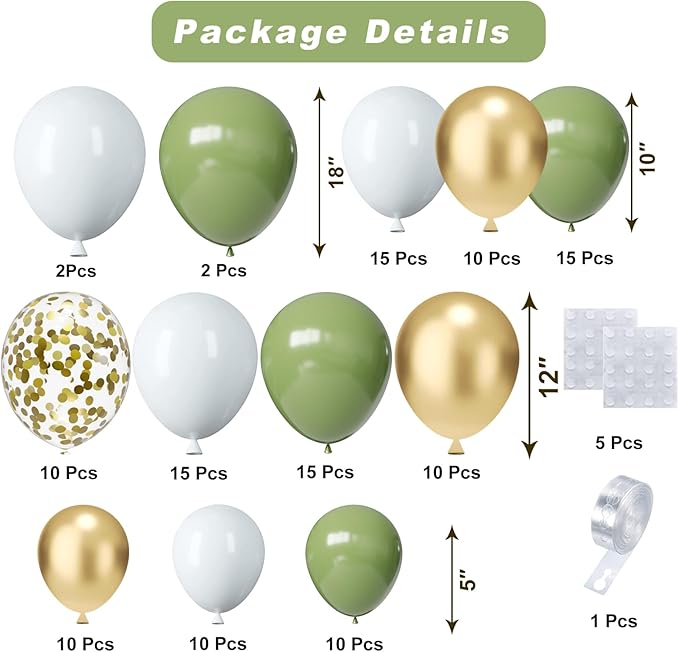 Sage Green Balloons Arch Kit, 124pcs Green and Gold Balloons Sage Green White and Gold Balloons for Birthday Baby Shower Wedding Party Decorations
