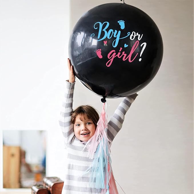 Large Gender Reveal Balloons - 2pcs 36 Inch Black Boy or Girl Balloon with Pink and Blue Confetti for Baby Shower Gender Reveal Ideas Party Decorations