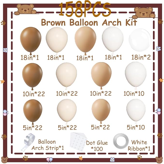 158pcs Brown Balloon Arch Kit Netural Balloon Garland Arch Kit Different Sizes Brown Beige Nude Tan White Sand Balloons for Netural Bear Baby Shower Decorations Bridal Shower Wedding Birthday Party