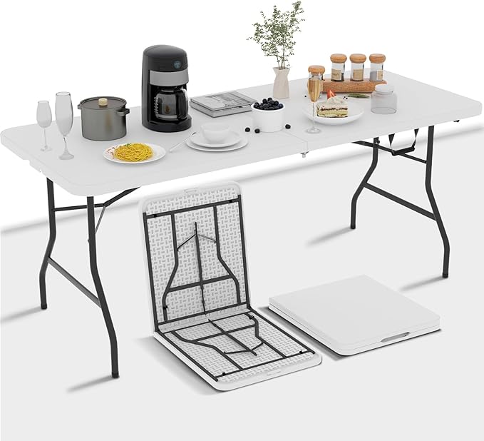 6Ft Folding Table, Portable Party Tables for Outdoor/Indoor, Heavy Duty Foldable Table 6 Foot Long, No Need Assembly Fold-in-Half Plastic Tables for Party, Event, Camping, Picnic (6ft, White)