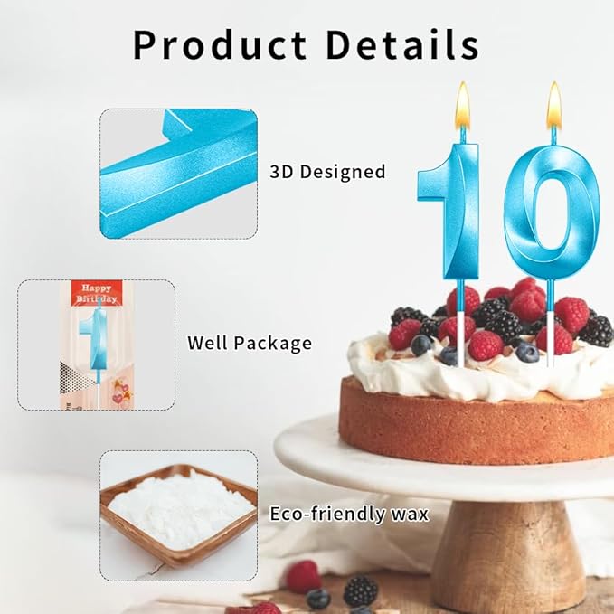 10 Birthday Candle for 10th Birthday Decorations for Boys Blue