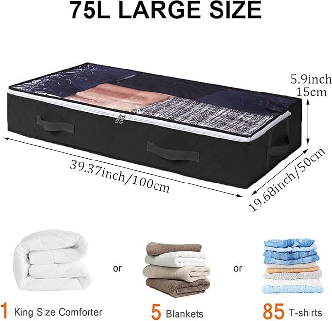 Under Bed Storage Containers, 4-Pack Large Underbed Storage Bags Organizer, Thick Fabric Storage Bins with Clear Window and Handles for Blanket, Comforter, Bedding, Clothes, Black
