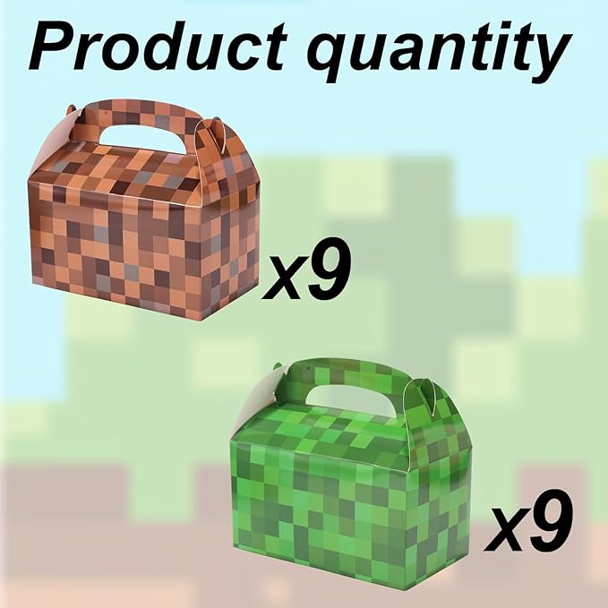18pcs Pixel Theme Gift Box Bags, 2 Colors Pixel Candy Treat Boxes with Handles Video Game Goodie Party Favors for Boy Girls Birthday Game Party Supplies (Green & Brown)
