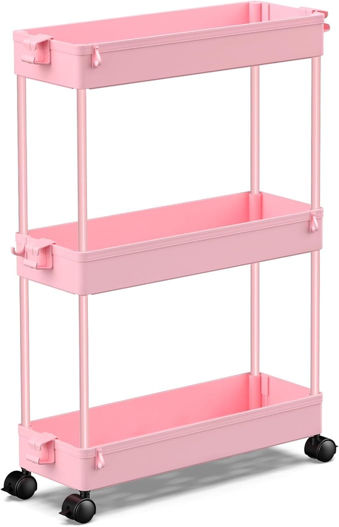 SPACEKEEPER Slim Rolling Storage Cart, 3 Tier Bathroom Organizer Utility Cart Laundry Room Organization Mobile Shelving Unit for Kitchen, Bathroom, Office, Bedroom, Narrow Places, Pink